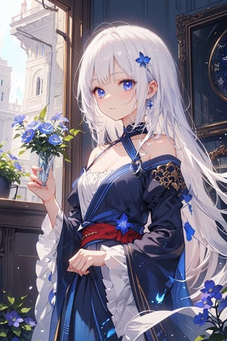 masterpiece, best quality, ultra detailed, extremely detailed, wallpaper, (Indigo eyes), (forehead, slicked back hair, long hair, white hair with the inside of the hair dyed a beautiful indigo color), (black halter neck, wide sleeves:1.2), (surrounding with blue flames, night, indigo flowers, mana, flow, volumetric light, fantasy environment), beautiful detailed glow, glowing light, sunlight filtering through trees, isekai cityscape, clock tower, landscape, fantasy, flying flames, embers, magical, red magical line surrounding