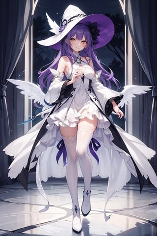 1girl, solo, illustration, purple hair, long hair, yellow eye, beautiful detailed glow eye, full body, white witch hat, white dress, frilled skirt, jewelry, best illumination, detached sleeves, thighhighs, frills,  black boots, bare shoulder, indoor, night, smile, nice hands, perfect hands, looking at viewer, ethereal glow, vibrant colors