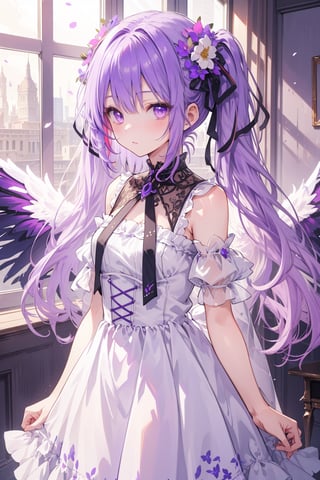 masterpiece, best quality, ultra detailed, extremely detailed, wallpaper, 1girl, solo, long hair, looking at viewer, bangs, hair ornament, dress, twintails, purple eyes, purple hair, flower, white hair, multicolored hair, wings, hair flower, purple dress