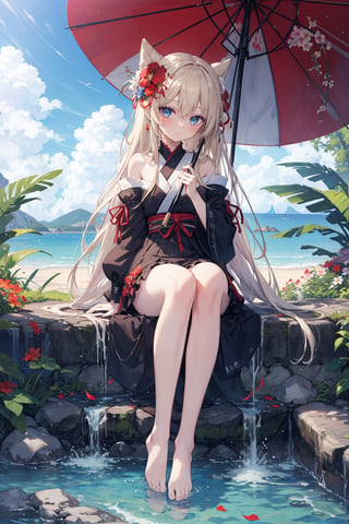 1girl, solo, long hair, looking at viewer, blush, bangs, blue eyes, blonde hair, hair ornament, dress, ribbon, holding, hair between eyes, bare shoulders, jewelry, sitting, closed mouth, full body, flower, barefoot, hair flower, water, official alternate costume, bare legs, red umbrella, yokozuwari, oil-paper umbrella