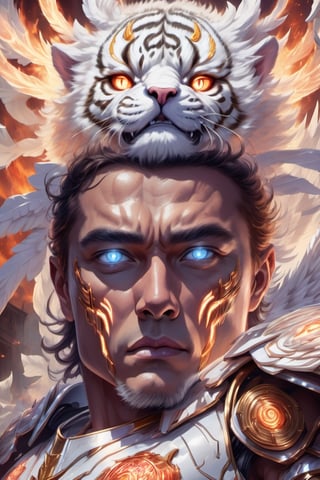 Realistic 
depiction of a very muscular and highly detailed[ FIRE WHITE HUMAN TIGER on FIRE with WHITE wings] wearing finely detailed GOLD armor with armored plates, glowing electricity running through his body, full armor, medallion with the letter H, metal gloves with blades, swords in the arms, metal sword in the right hand, FIRE background, ANGEL WINGS, (ANGEL WINGS),