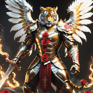 Realistic
[A HUMAN TIGER knight in golden armor], muscular arms, very muscular, dressed in full golden armor filled with red roses all over the body, Medallion with letter H, Medallions with letter H throughout the armor, letters H throughout the armor, metal gloves with long sharp blades, swords on his arms. , (metal sword with transparent fire blade).holding it in right hand, full body, hdr, 8k, subsurface scattering, specular light, high resolution, octane rendering, field background,ANGELS PROTECTING LO,(((CROUD ANGELS PROTECTING THE HUMAN TIGER))), transparent fire sword, field background WITH red ROSES, fire whip held in his left hand, (((BACKGROUND FULL OF ANGELS WITH WHITE WINGS PROTECTING THE HUMAN TIGER))),more detail XL