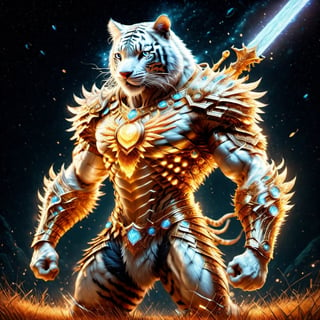 Realistic
FULL BODY IMAGE, Description of a [super MUSCLE white HUMAN TIGER white WARRIOR with TIGER head] muscular arms, very muscular and very detailed, LEFT ARM WITH REINFORCED HEAVY BRACELET with solid shield, right hand holding a FIRE SWORD, dressed in armor illuminated gold medallion, a letter H medallion, hdr, 8k, subsurface scattering, specular lighting, high resolution, octane rendering, ILLUMINATED GOLDEN WHEAT BACKGROUND IN OPEN FIELD, FULL BODY IMAGE, tiger head, super muscular legs,more detail XL,white skin