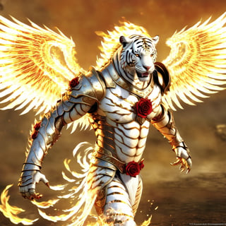 Realistic
Description of a very muscular and highly detailed [WHITE HUMAN TIGER male with WHITE wings], dressed in detailed full body armor filled with red roses with armored plates all over the body, bright electricity running through its body, full armor, medallion with the letter H, metal gloves with long sharp blades, swords on the arms. , (metal sword with transparent fire blade). in right hand, full body, hdr, 8k, subsurface scattering, specular light, high resolution, octane rendering, field background, ANGEL WINGS,(ANGEL WINGS), transparent fire sword, golden field background with ROSES red, fire whip in his left hand, fire element, armor that protects the entire body,(HUMAN TIGER male)fire element,sword fire,golden armor,face tiger,