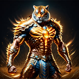 Realistic
FULL BODY IMAGE, Description of a [super MUSCLE HUMAN TIGER WARRIOR with TIGER head] muscular arms, very muscular and very detailed, LEFT ARM WITH REINFORCED HEAVY BRACELET with solid shield, right hand holding a FIRE SWORD, dressed in armor illuminated gold medallion, a letter H medallion, hdr, 8k, subsurface scattering, specular lighting, high resolution, octane rendering, ILLUMINATED GOLDEN WHEAT BACKGROUND IN OPEN FIELD, FULL BODY IMAGE, tiger head, super muscular legs,more detail XL