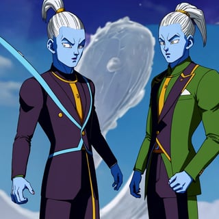 WHIS character in a man from Dragon Ball wearing a tuxedo, suit with tie, very elegant dress jacket with tie, WHIS in a man, blue skin, abundant white hair standing upright hair style with spikes,edgCJ