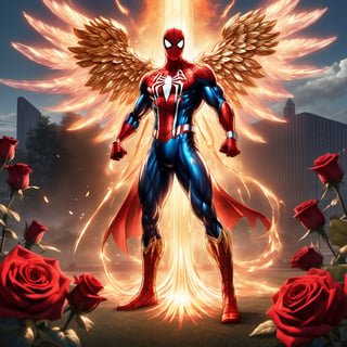 Realistic
Description of a [WHITE SPIDERMAN with WHITE wings] muscular arms, very muscular and very detailed, dressed in full body armor filled with red roses with ELECTRIC LIGHTS all over his body, bright electricity running through his body, full armor, letter medallion . H, H letters all over uniform, H letters all over armor, metal gloves with long sharp blades, swords on arms. , (metal sword with transparent fire blade).holding it in the right hand, full body, hdr, 8k, subsurface scattering, specular light, high resolution, octane rendering, field background, ANGEL WINGS,(ANGEL WINGS ), transparent fire sword, golden field background with red ROSES, fire whip held in his left hand, fire element, armor that protects the entire body, (SPIDERMAN) fire element, fire sword, golden armor, medallion with the letter H on the chest, SPIDERMAN, open field background with red roses, red roses on the suit, letter H on the suit, muscular arms