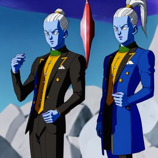 WHIS character in a man from Dragon Ball wearing a tuxedo, suit with tie, very elegant dress jacket with tie, WHIS in a man, blue skin, abundant white hair standing upright hair style with spikes,edgCJ