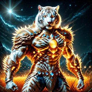 Realistic
FULL BODY IMAGE, Description of a [super MUSCLE white HUMAN TIGER white WARRIOR with TIGER head] muscular arms, very muscular and very detailed, LEFT ARM WITH REINFORCED HEAVY BRACELET with solid shield, right hand holding a FIRE SWORD, dressed in armor illuminated gold medallion, a letter H medallion, hdr, 8k, subsurface scattering, specular lighting, high resolution, octane rendering, ILLUMINATED GOLDEN WHEAT BACKGROUND IN OPEN FIELD, FULL BODY IMAGE, tiger head, super muscular legs,more detail XL,white skin,HYPER MUSCLE