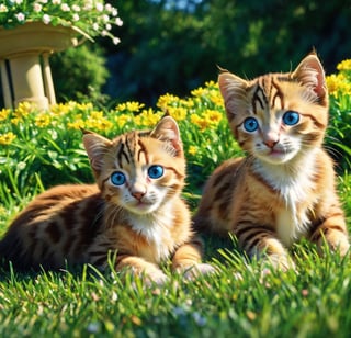 hdr, 8k, subsurface scattering, specular lighting, high resolution, octane rendering, 6 realistic happy 6 kittens playing, castle in the background, big garden, 6 kittens, blue eyes, tender look, cuteness, LOTS OF FLOWERS AND KITTENS,cartoon 