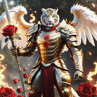 Realistic
[A HUMAN TIGER knight in golden armor], muscular arms, very muscular, dressed in full golden armor filled with red roses all over the body, Medallion with letter H, Medallions with letter H throughout the armor, letters H throughout the armor, metal gloves with long sharp blades, swords on his arms. , (metal sword with transparent fire blade).holding it in the right hand, full body, hdr, 8k, subsurface scattering, specular lighting, high resolution, octane rendering, field background,ANGELS PROTECTING LO,(CROUD ANGELES PROTECTING TO THE HUMAN TIGER), transparent fire sword, field background WITH red ROSES, fire whip held in his left hand, BACKGROUND FULL OF ANGELS WITH WHITE WINGS PROTECTING THE HUMAN TIGER