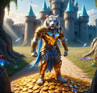 REALISTIC
It is daytime and we see the full body image of a tall and muscular white human tiger warrior with armor and blue sword standing on gold coins and on jewels, emeralds, rubies, sapphires, diamonds, in front of him a path of gold filled of treasure chests and jewels and behind him a beautiful and fantastic castle, background of a beautiful castle with flags with the letter H, in his left hand a bag full of gold, The strong lighting of the bright sun makes the gold shine in the ground, the castle in the background looks fantastic and is full of flags with the letter H.letter H everywhere