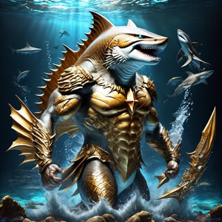 Realistic
FULL BODY IMAGE, Description of a [WINGED HUMAN SHARK WARRIOR with SHARK head] muscular arms, very muscular and very detailed, LEFT ARM WITH REINFORCED HEAVY BRACELET with solid shield, right hand holding a golden trident, dressed in gold armor illuminated, full body of black scales, a medallion of the letter A, hdr, 8k, subsurface scattering, specular lighting, high resolution, octane rendering, bottom of a large SEA, OCEAN of money, bottom of OCEAN WATER, hypermuscle, FULL BODY IMAGE, shark head, shark face, SHARK FACE, super muscular legs