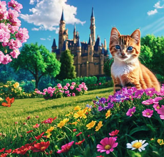 hdr, 8k, subsurface scattering, specular lighting, high resolution, octane rendering, 6 realistic happy 6 kittens playing, castle in the background, big garden, 6 kittens, blue eyes, tender look, cuteness, LOTS OF FLOWERS AND KITTENS,cartoon 