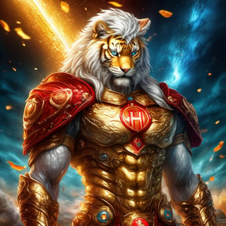 Realistic
FULL BODY IMAGE, Description of a [WHITE WARRIOR HUMAN TIGER WHITE WINGS] muscular arms, very muscular and very detailed, LEFT ARM WITH HEAVY REINFORCED BRACELET with solid shield, right hand holding a transparent fire sword, dressed in golden armor of full body filled with red roses, helmet on head, glowing blue electricity running through his body, golden armor and completely white letter H medallion on chest, hdr, 8k, subsurface dispersion, specular light, high resolution, octane rendering, big money field background, field background of GOLDEN WHEAT and red ROSES, medallion with the letter H on the chest, background Rain of gold coins and dollar bills, (GOOD LUCK) fire sword H, shield H, pendant of the letter H, medallion of the letter H on the uniform, hypermuscle, blessing of GOD almighty and JESUS ​​and THE HOLY SPIRIT, pendant of the letter H on the chest, helmet that covers his face, the mascot of JESUS, FULL BODY , helmet that covers his ENTIRE face, FULL BODY IMAGE, super strong legs with armor with gold details