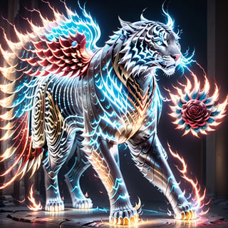 Realistic
Description of a very muscular and highly detailed [WHITE human tiger with WHITE wings], dressed in detailed full body armor filled with red roses with armored plates all over the body, bright electricity running through its body, full armor, medallion with the letter H, metal gloves with long sharp blades, swords on the arms. , (metal sword with transparent fire blade). in right hand, full body, hdr, 8k, subsurface scattering, specular light, high resolution, octane rendering, field background, ANGEL WINGS,(ANGEL WINGS), transparent fire sword, golden field background with ROSES red, fire whip in his left hand, fire element, armor that protects the entire body,fire element,sword fire,golden armor,face tiger,more detail XL,composed of elements of thunder,thunder,electricity,composed of elements of thunder锛宼hunder锛宔lectricity