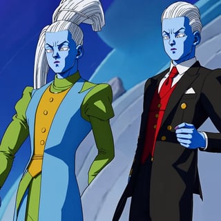 WHIS character in a man from Dragon Ball wearing a tuxedo, suit with tie, very elegant dress jacket with tie, WHIS in a man, blue skin, abundant white hair standing upright hair style with spikes,edgCJ
