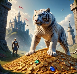 post_id=689207698547403003,post_id=670599761327527720,
REALISTIC
It is daytime and we see the full length image of a tall muscular white human tiger warrior with armor and blue sword standing on gold coins and on jewels, emeralds, rubies, sapphires, diamonds, in front of him a golden path full of treasure chests and jewels and behind him a beautiful and fantastic castle, background of a beautiful castle with flags with the letter H, in his left hand a bag full of gold, the strong lighting of the bright sun makes the gold shine in the ground, the castle in the background looks fantastic and is full of flags with the letter H.letter H all over it, sword in his right hand, full body image standing on a pile of gold coins and jewels