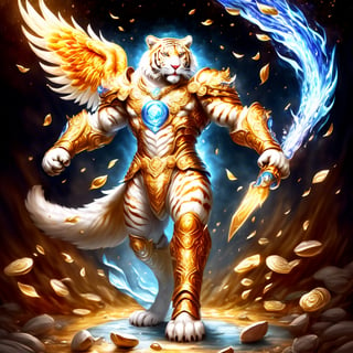 Realistic
FULL BODY IMAGE, Description of a [WHITE HUMAN TIGER WARRIOR WITH WHITE WINGS] muscular arms, very muscular and very detailed, LEFT ARM WITH HEAVY REINFORCED BRACELET with solid shield, right hand holding a transparent fire sword, dressed in golden armor full body full of red roses, helmet on head, glowing blue electricity running through his body, golden armor and completely white letter H medallion on chest, hdr, 8k, subsurface dispersion, specular light, high resolution, octane rendering , large money field background, GOLDEN WHEAT and red ROSES field background, medallion with the letter H on the chest, background Rain of gold coins and dollar bills, (GOOD LUCK) fire sword H, shield H , letter H pendant, letter H medallion on uniform, hypermuscle, H on chest, FULL BODY IMAGE, super strong legs with armor with gold details,Leonardo style ,Spirit Fox Pendant,phoenix pendant,Holy Dragon Pendant,Dolphin Pendant,GUILD WARS,Panda Pendant