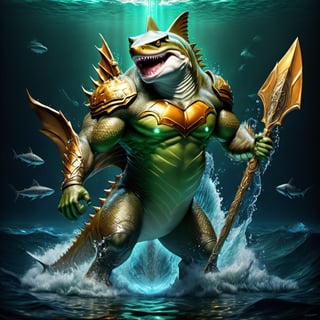 Realistic
FULL BODY IMAGE, Description of a [WINGED HUMAN SHARK WARRIOR with SHARK head] muscular, very muscular and highly detailed arms, LEFT ARM WITH HEAVY REINFORCED BRACELET with solid shield, right hand holding a golden trident, dressed in illuminated GREEN armor , full body of black scales, a medallion of the letter A, hdr, 8k, subsurface scattering, specular lighting, high resolution, octane rendering, bottom of a large SEA, OCEAN of money, bottom of OCEAN WATER, hypermuscle, IMAGE FULL BODY, shark head, shark face, SHARK FACE, trident in his hand