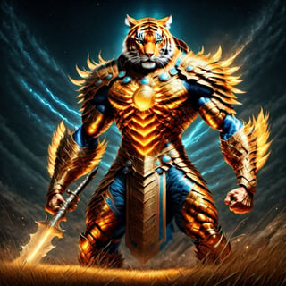 Realistic
FULL BODY IMAGE, Description of a [super MUSCLE HUMAN TIGER WARRIOR with TIGER head] muscular arms, very muscular and very detailed, LEFT ARM WITH REINFORCED HEAVY BRACELET with solid shield, right hand holding a FIRE SWORD, dressed in armor illuminated gold medallion, a letter H medallion, hdr, 8k, subsurface scattering, specular lighting, high resolution, octane rendering, ILLUMINATED GOLDEN WHEAT BACKGROUND IN OPEN FIELD, FULL BODY IMAGE, tiger head, super muscular legs