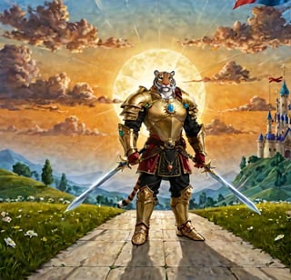 very realistic image, FULL BODY VIEW of a WHITE HUMAN TIGER with full golden armor that covers his entire body in his gauntlets there are blades he is very muscular he is standing on a path made of and solid gold coins that is in front of him full of gold, he has two swords, one in each hand and both swords are made of transparent blue fire, very sharp and shiny, he has golden armor on his entire body, on his chest he wears a LETTER H, on his chest he wears a medallion with the letter H , use highly detailed metal gauntlets with blades, there are large treasure chests 
 filled with jewels and gold in abundance in front of their path and very beautiful white cats walk next to them, the background is a field full of edible fruits and in the background there is a majestic castle with flags with the letter H on the sides, there is only solid gold and jewels such as sapphires, emeralds, rubies and gold ingots and a golden road is during the day with good lighting, there are also butterflies of various colors that fly in the sky,White Tiger