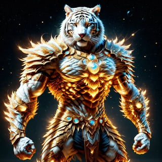 Realistic
FULL BODY IMAGE, Description of a [super MUSCLE white HUMAN TIGER white WARRIOR with TIGER head] muscular arms, very muscular and very detailed, LEFT ARM WITH REINFORCED HEAVY BRACELET with solid shield, right hand holding a FIRE SWORD, dressed in armor illuminated gold medallion, a letter H medallion, hdr, 8k, subsurface scattering, specular lighting, high resolution, octane rendering, ILLUMINATED GOLDEN WHEAT BACKGROUND IN OPEN FIELD, FULL BODY IMAGE, tiger head, super muscular legs,more detail XL,white skin,HYPER MUSCLE