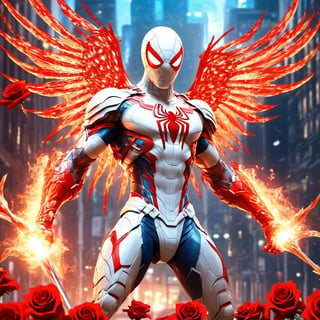 Realistic
Description of a very muscular and highly detailed [WHITE SPIDERMAN with WHITE wings], dressed in full body armor filled with red roses with ELECTRIC LIGHTS all over his body, bright electricity running through his body, full armor, letter medallion. H, H letters all over uniform, H letters all over armor, metal gloves with long sharp blades, swords on arms. , (metal sword with transparent fire blade).holding it in the right hand, full body, hdr, 8k, subsurface scattering, specular light, high resolution, octane rendering, field background, ANGEL WINGS,(ANGEL WINGS ), transparent fire sword, golden field background with red ROSES, fire whip held in his left hand, fire element, armor that protects the entire body, (SPIDERMAN) fire element, fire sword, golden armor, medallion with letter H on his chest,more detail XL,cyborg style,salttech,flower4rmor,hdsrmr,DonMPl4sm4T3chXL ,xxmix_girl