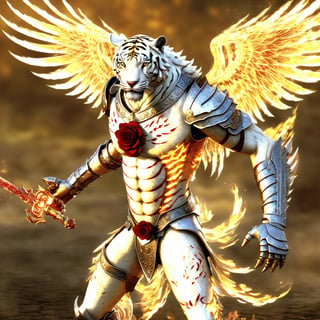 Realistic
Description of a very muscular and highly detailed [WHITE HUMAN TIGER male with WHITE wings], dressed in detailed full body armor filled with red roses with armored plates all over the body, bright electricity running through its body, full armor, medallion with the letter H, metal gloves with long sharp blades, swords on the arms. , (metal sword with transparent fire blade). in right hand, full body, hdr, 8k, subsurface scattering, specular light, high resolution, octane rendering, field background, ANGEL WINGS,(ANGEL WINGS), transparent fire sword, golden field background with ROSES red, fire whip in his left hand, fire element, armor that protects the entire body,(HUMAN TIGER male)fire element,sword fire,golden armor,face tiger,
