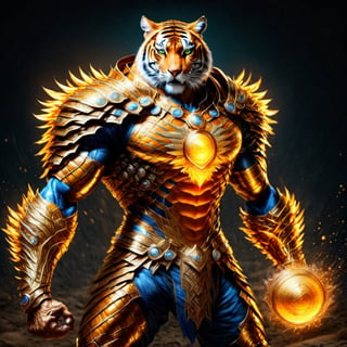 Realistic
FULL BODY IMAGE, Description of a [super MUSCLE HUMAN TIGER WARRIOR with TIGER head] muscular arms, very muscular and very detailed, LEFT ARM WITH REINFORCED HEAVY BRACELET with solid shield, right hand holding a FIRE SWORD, dressed in armor illuminated gold medallion, a letter H medallion, hdr, 8k, subsurface scattering, specular lighting, high resolution, octane rendering, ILLUMINATED GOLDEN WHEAT BACKGROUND IN OPEN FIELD, FULL BODY IMAGE, tiger head, super muscular legs