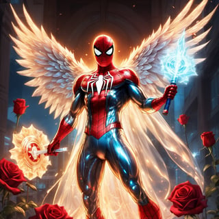 Realistic
Description of a very muscular and highly detailed [WHITE SPIDERMAN with WHITE wings], dressed in full body armor filled with red roses with ELECTRIC LIGHTS all over his body, bright electricity running through his body, full armor, letter medallion. H, H letters all over uniform, H letters all over armor, metal gloves with long sharp blades, swords on arms. , (metal sword with transparent fire blade).holding it in the right hand, full body, hdr, 8k, subsurface scattering, specular light, high resolution, octane rendering, field background, ANGEL WINGS,(ANGEL WINGS ), transparent fire sword, golden field background with red ROSES, fire whip held in his left hand, fire element, armor that protects the entire body, (SPIDERMAN) fire element, fire sword, golden armor, medallion with the letter H on the chest, SPIDERMAN, open field background with red roses, red roses on the suit, letter H on the suit,heart_areola