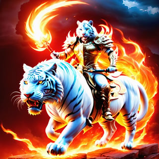 realistic
white human tiger very muscular rider in golden armor.A tiger face with fire sword in his right hand, riding on a very muscular white horse with blue eyes. Golden armor with red roses,red roses background beautiful and sunny countryside setting.Fire sword in right hand,full body image,cyborg style,fire element,composed of fire elements,composed of elements of thunder锛宼hunder锛宔lectricity