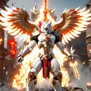 Realistic
Description of a very muscular and highly detailed [male WHITE HUMAN TIGER with WHITE wings], dressed in full body armor filled with red roses with ELECTRIC RAYS all over his body, bright electricity running through his body, full armor, letter medallion . H, metal gloves with long, sharp blades, swords on the arms. , (metal sword with transparent fire blade). in right hand, full body, hdr, 8k, subsurface scattering, specular light, high resolution, octane rendering, field background, ANGEL WINGS,(ANGEL WINGS), transparent fire sword, golden field background with ROSES red, fire whip in his left hand, fire element, armor that protects the entire body, (male HUMAN TIGER) fire element, fire sword, golden armor, tiger face,