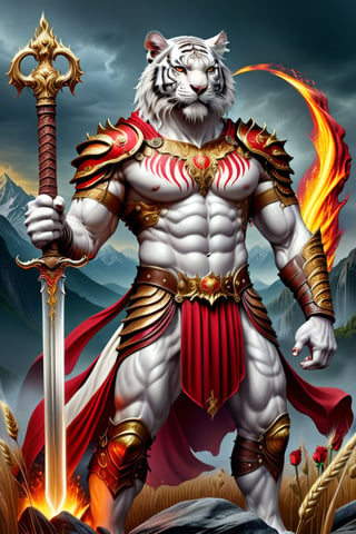 realistic
Full body image of a HUMAN WHITE TIGER warrior with golden and red armor, fire sword in his right hand and very strong shield of roses in his left hand, muscular body, very large muscles, gigantic muscles, WHITE TIGER face, SKIN WHITE, muscles in arms and legs, background of golden wheat and abundance of rivers and faith
,DonMASKTexXL ,muscle_&_abs,swordsman