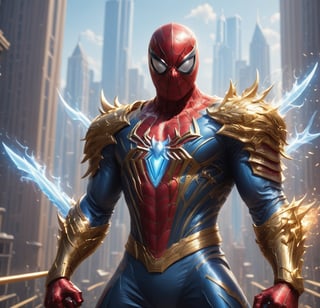 White SPIDERMAN, wears a WHITE suit, uses two blue fire swords, one in each hand, standing on a golden path, holds a blue fire sword in his right hand and a very shiny transparent blue sword in his left hand, muscular , muscular arms, best quality, teacher's workmanship, 8k, uhd, bright light, realistic style, has a letter H on his suit, hyper detailed muscles, DAY lighting, has a belt with letter H buckle,armor