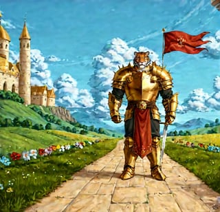 hdr, 8k, subsurface scattering, specular lighting, high resolution, octane rendering, very realistic image, FULL BODY VIEW of a WHITE HUMAN TIGER with full golden armor that covers his entire body in his gauntlets there are blades he is very muscular he is standing on a path made of solid gold coins that is in front of the one full of gold, he has two swords, one in each hand and both swords are made of transparent blue fire, very sharp and shiny, he has golden armor on his entire body, in His chest has a LETTER H, on his chest he wears a medallion with the letter H, he wears very detailed metal gauntlets with blades, there are large treasure chests 
 filled with jewels and gold in abundance in front of their path and very beautiful white cats walk next to them, the background is a field full of edible fruits and in the background there is a majestic castle with flags with the letter H on the sides, there is only solid gold and jewels such as sapphires, emeralds, rubies and gold ingots and a golden road is during the day with good lighting, there are also butterflies of various colors that fly in the sky