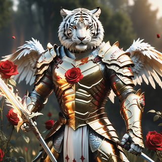 Realistic
[A WHITE HUMAN TIGER knight in golden armor], muscular arms, very muscular, dressed in full golden armor filled with red roses all over the body, Medallion with letter H, Medallions with letter H throughout the armor, letters H throughout the armor, metal gloves with long sharp blades, swords on his arms. , (metal sword with transparent fire blade).holding it in right hand, full body, hdr, 8k, subsurface scattering, specular light, high resolution, octane rendering, field background,ANGELS PROTECTING LO,(((CROUD ANGELS PROTECTING THE HUMAN TIGER))), transparent fire sword, field background WITH red ROSES, fire whip held in his left hand, (((BACKGROUND FULL OF ANGELS WITH WHITE WINGS PROTECTING THE HUMAN TIGER))),more detail XL