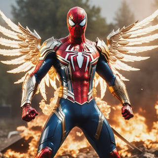 Realistic
Description of a [WHITE SPIDERMAN with WHITE wings] muscular arms, very muscular and very detailed, dressed in full body armor filled with red roses with ELECTRIC LIGHTS all over his body, bright electricity running through his body, full armor, letter medallion . H, H letters all over uniform, H letters all over armor, metal gloves with long sharp blades, swords on arms. , (metal sword with transparent fire blade).holding it in the right hand, full body, hdr, 8k, subsurface scattering, specular light, high resolution, octane rendering, field background, ANGEL WINGS,(ANGEL WINGS ), transparent fire sword, golden field background with red ROSES, fire whip held in his left hand, fire element, armor that protects the entire body, (SPIDERMAN) fire element, fire sword, golden armor, medallion with the letter H on the chest, SPIDERMAN, open field background with red roses, red roses on the suit, letter H on the suit, muscular arms