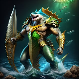 Realistic
FULL BODY IMAGE, Description of a [WINGED HUMAN SHARK WARRIOR with SHARK head] muscular, very muscular and highly detailed arms, LEFT ARM WITH HEAVY REINFORCED BRACELET with solid shield, right hand holding a golden trident, dressed in illuminated GREEN armor , full body of black scales, a medallion of the letter A, hdr, 8k, subsurface scattering, specular lighting, high resolution, octane rendering, bottom of a large SEA, OCEAN of money, bottom of OCEAN WATER, hypermuscle, IMAGE FULL BODY, shark head, shark face, SHARK FACE, trident in his hand