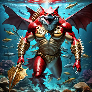 Realistic
FULL BODY IMAGE, Description of a [WINGED HUMAN SHARK WARRIOR with SHARK head] muscular arms, very muscular and highly detailed, LEFT ARM WITH REINFORCED HEAVY BRACELET with solid shield, right hand holding a golden trident, dressed in illuminated red armor , full body of black scales, a medallion of the letter A, hdr, 8k, subsurface scattering, specular lighting, high resolution, octane rendering, bottom of a large SEA, OCEAN of money, bottom of OCEAN WATER, hypermuscle, IMAGE FULL BODY, shark head, shark face, SHARK FACE, trident in his hand,shards