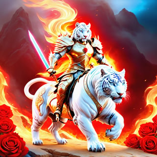 realistic
white human tiger very muscular rider in golden armor.A tiger face with fire sword in his right hand, riding on a very muscular white horse with blue eyes. Golden armor with red roses,red roses background beautiful and sunny countryside setting.Fire sword in right hand,full body image,