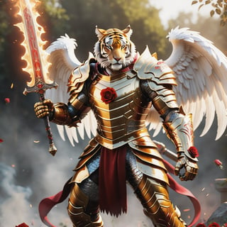 Realistic
[A HUMAN TIGER knight in golden armor], muscular arms, very muscular, dressed in full golden armor filled with red roses all over the body, Medallion with letter H, Medallions with letter H throughout the armor, letters H throughout the armor, metal gloves with long sharp blades, swords on his arms. , (metal sword with transparent fire blade).holding it in the right hand, full body, hdr, 8k, subsurface scattering, specular lighting, high resolution, octane rendering, field background,ANGELS PROTECTING LO,(CROUD ANGELES PROTECTING TO THE HUMAN TIGER), transparent fire sword, field background WITH red ROSES, fire whip held in his left hand, BACKGROUND FULL OF ANGELS WITH WHITE WINGS PROTECTING THE HUMAN TIGER
