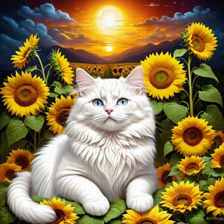 WHITE CAT resting and playing among sunflowers and roses, several white cats playing with sunflowers and roses