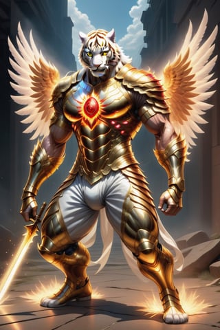 Realistic
Description of a [Male WHITE TIGER Human with WHITE wings] very muscular arms, very muscular legs, dressed in golden full body armor, bright electricity running through his body, full armor, letter medallion. H, metal gloves with long, sharp blades, swords on the arms. , (metal sword with transparent fire blade). in right hand, full body, hdr, 8k, subsurface scattering, specular light, high resolution, octane rendering, field background, ANGEL WINGS,(ANGEL WINGS), transparent fire sword, golden field background with ROSES red, fire whip in his left hand, fire element, armor that protects the entire body, (male HUMAN TIGER) fire element, fire sword, golden armor, tiger face, very muscular body, muscular body,skin white,very muscular giant,
TIGER face.GIANT MUSCLE,
TIGER face,