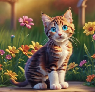 hdr, 8k, subsurface scattering, specular lighting, high resolution, octane rendering, 6 realistic happy kittens playing, castle in the background, big garden, kittens, blue eyes, tender look, cuteness, LOTS OF FLOWERS AND KITTENS,cartoon 