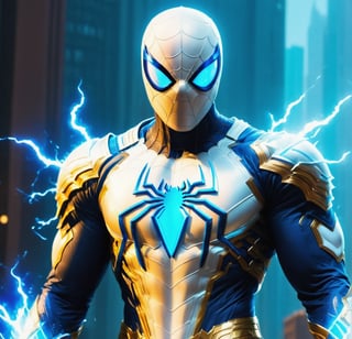 White SPIDERMAN, wears a WHITE suit, uses two blue fire swords, one in each hand, standing on a golden path, holds a blue fire sword in his right hand and a very shiny transparent blue sword in his left hand, muscular , muscular arms, best quality, teacher's workmanship, 8k, uhd, bright light, realistic style, has a letter H on his suit, hyper detailed muscles, DAY lighting, has a belt with letter H buckle,