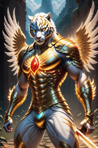 Realistic
Description of a [Male WHITE TIGER Human with WHITE wings] very muscular arms, very muscular legs, dressed in golden full body armor, bright electricity running through his body, full armor, letter medallion. H, metal gloves with long, sharp blades, swords on the arms. , (metal sword with transparent fire blade). in right hand, full body, hdr, 8k, subsurface scattering, specular light, high resolution, octane rendering, field background, ANGEL WINGS,(ANGEL WINGS), transparent fire sword, golden field background with ROSES red, fire whip in his left hand, fire element, armor that protects the entire body, (male HUMAN TIGER) fire element, fire sword, golden armor, tiger face, very muscular body, muscular body,skin white,very muscular giant,
TIGER face.GIANT MUSCLE,
TIGER face,