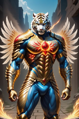 Realistic
Description of a [Male WHITE TIGER Human with WHITE wings] very muscular arms, very muscular legs, dressed in golden full body armor, bright electricity running through his body, full armor, letter medallion. H, metal gloves with long, sharp blades, swords on the arms. , (metal sword with transparent fire blade). in right hand, full body, hdr, 8k, subsurface scattering, specular light, high resolution, octane rendering, field background, ANGEL WINGS,(ANGEL WINGS), transparent fire sword, golden field background with ROSES red, fire whip in his left hand, fire element, armor that protects the entire body, (male HUMAN TIGER) fire element, fire sword, golden armor, tiger face, very muscular body, muscular body,skin white,very muscular giant,
TIGER face.GIANT MUSCLE,
TIGER face,more detail XL