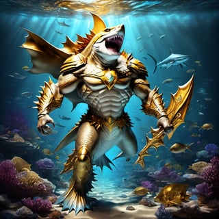 Realistic
FULL BODY IMAGE, Description of a [WINGED HUMAN SHARK WARRIOR with SHARK head] muscular arms, very muscular and very detailed, LEFT ARM WITH REINFORCED HEAVY BRACELET with solid shield, right hand holding a golden trident, dressed in gold armor illuminated, full body of black scales, a medallion of the letter A, hdr, 8k, subsurface scattering, specular lighting, high resolution, octane rendering, bottom of a large SEA, OCEAN of money, bottom of OCEAN WATER, hypermuscle, FULL BODY IMAGE, shark head, shark face, SHARK FACE, trident in his hand
