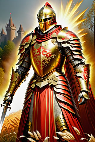 FULL BODY IMAGE Henry BASAGOITIA, KNIGHT WITH MASK THAT COVERS HIS FACE AND BLUE ARMOR USES A FIRE SWORD IN HIS RIGHT HAND THE ENTIRE BACKGROUND IS FULL OF TREES AND WHEAT WITH SUNLIGHT, MASK ON THE FACE, HELMET ON THE HEAD,dragon armor,nhdsrmr